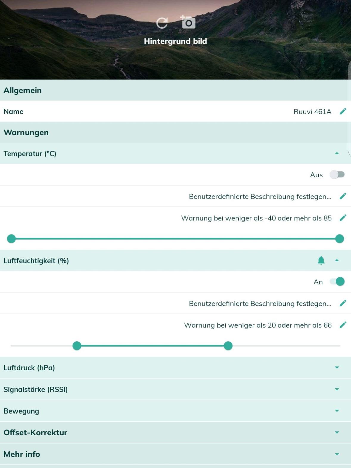 Screenshot Sensoreinstellungen ruuviStation App